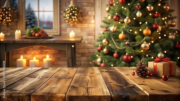 Fototapeta Empty Wooden table on christmas background, new year concept