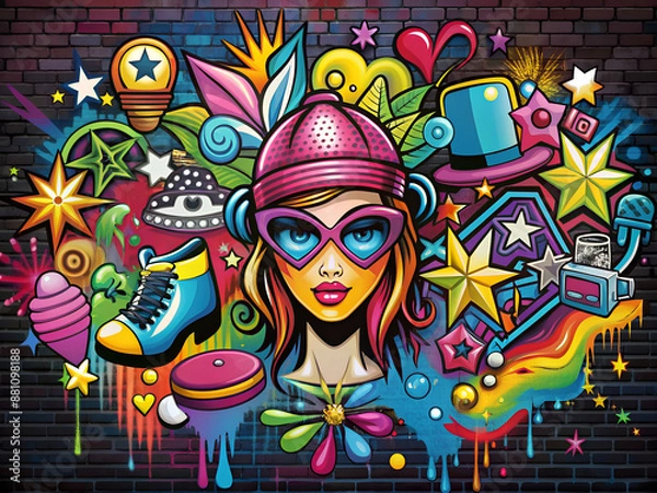 Fototapeta A colorful painting of a woman with a hat and sunglasses on. The painting is full of bright colors