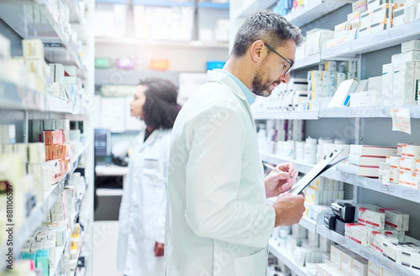 Fototapeta Pharmacist, drugs and man with checklist in pharmacy for dispensary, information and inspection. Medicine, documents and mature person with record on clipboard for healthcare, supply and inventory