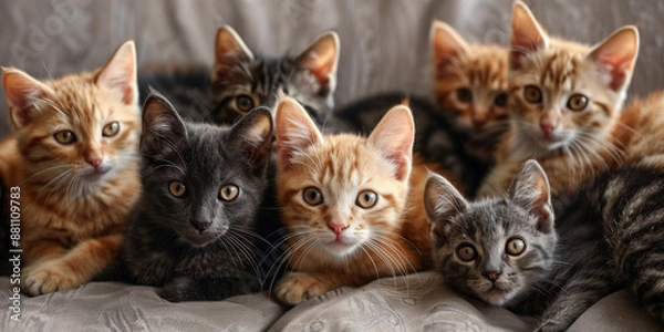 Fototapeta A group of kittens cuddles closely together on a grey couch