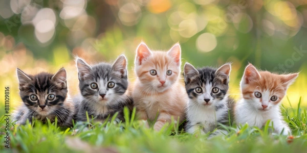 Fototapeta Five playful kittens enjoy a sunny day in the grass