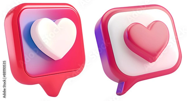 Fototapeta Set of 3D glossy message icons with pink heart on transparent background, images for social networks and websites