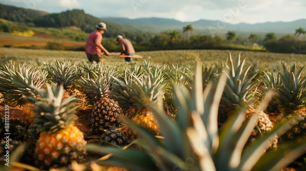 Fototapeta Workers harvesting pineapples in a field, highly professional photo picture capturing dynamic movement and clear focus, harvesting, with copy space