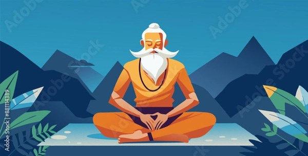 Fototapeta Elderly guru with a long white beard is sitting in lotus pose, meditating against a backdrop of mountains and a blue sky