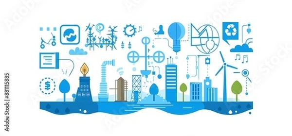 Fototapeta Illustration of a sustainable city with renewable energy sources, surrounded by wind turbines, solar panels, and greenery.