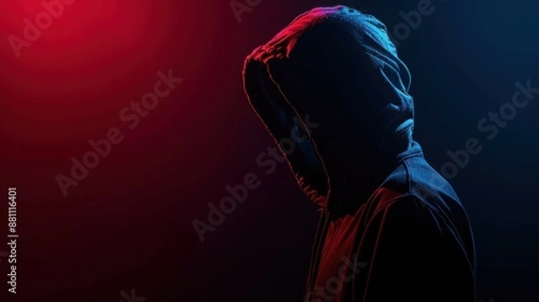Obraz Shadowy Hacker: Anonymous Silhouette in Neon Tones on Mysterious Dark Background
