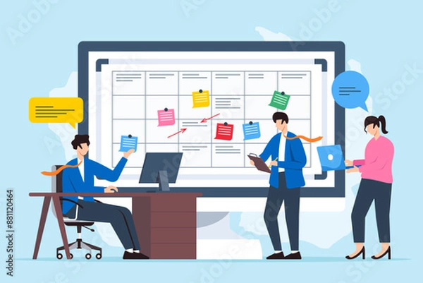 Fototapeta Vector illustration of team developing remote work strategy with sticky notes on whiteboard virtual collaboration