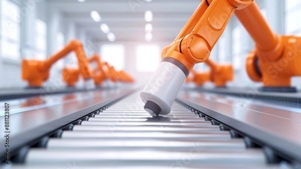Fototapeta High-tech manufacturing, automated production line, flat design illustration, realistic photo, cinematography, hyper realistic