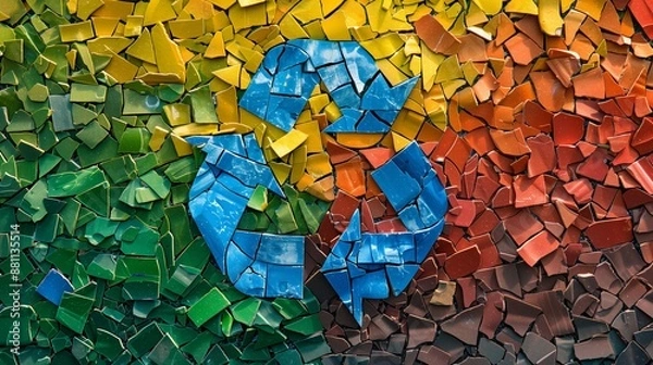 Fototapeta Mosaic Recycling Symbol of Colored Glass Shards on Bright Background