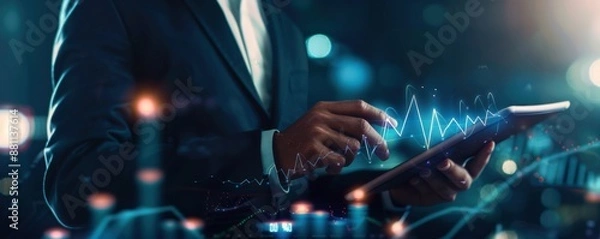Fototapeta Businessman with tablet is analyzing sales and growth with graph., marketing concept panorama. Generative AI.