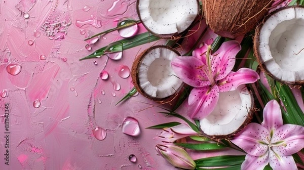 Obraz Fresh Coconut Halves and Pink Lilies on Wet Surface