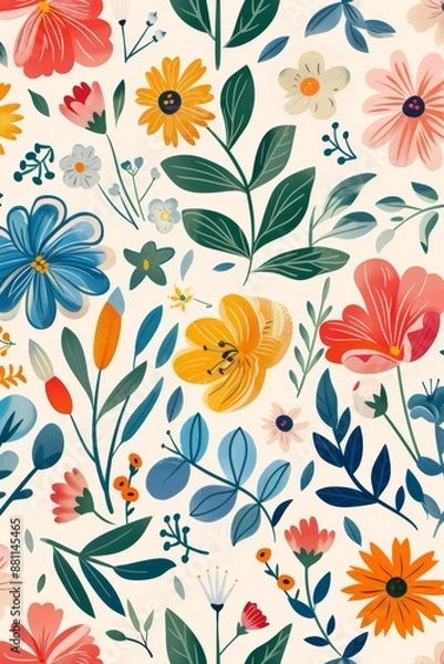 Fototapeta Floral Elegance on Cream Background: Vivid Roses and Blossoms Pattern