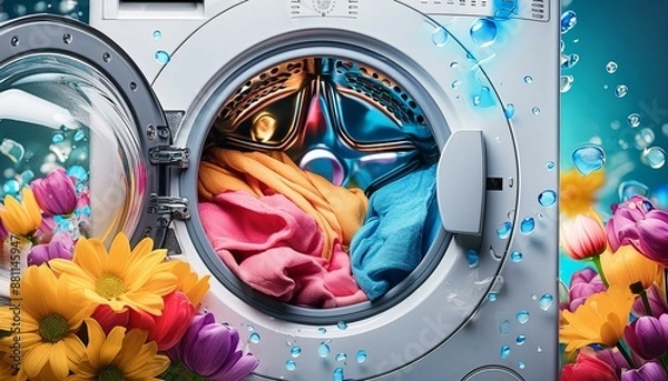 Fototapeta Waschmaschine mit bunte Wäsche. 