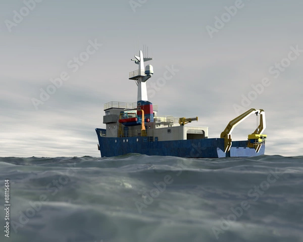 Fototapeta A high quality 3D render of a research ship deploying an ROV with an overcast sky. Fictitious research vessel is a unique design, created and modeled entirely by myself.