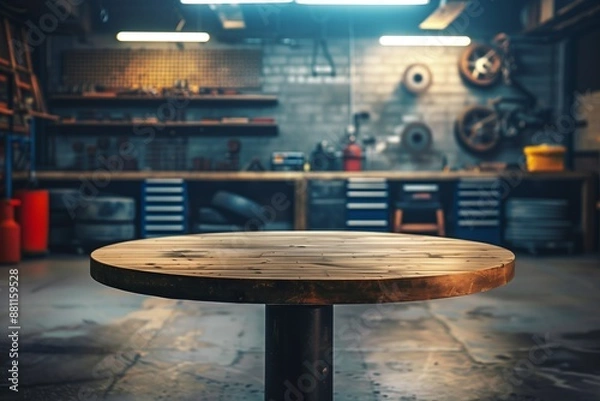 Fototapeta Empty round wooden table in stylish garage workshop, blur background