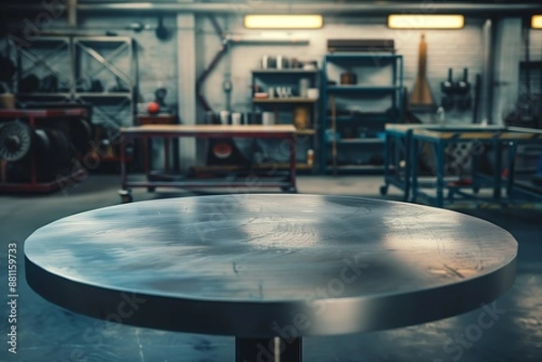 Fototapeta Empty round metal table in stylish garage workshop, blur dark blue background
