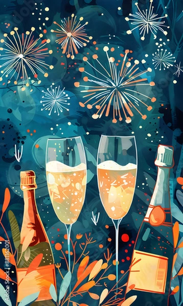 Fototapeta New Year winter illustration with glasses of champagne, Christmas card in vintage style, drawing for postcard