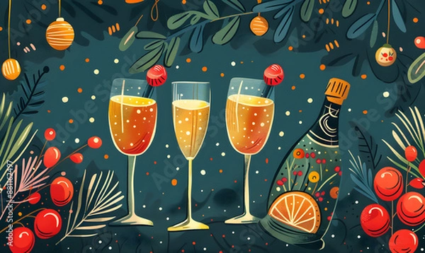 Fototapeta New Year winter illustration with glasses of champagne, Christmas card in vintage style, drawing for postcard