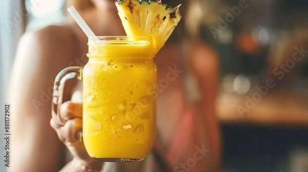 Fototapeta Refreshing Pineapple Smoothie in Woman's Hand - Close-up of Delicious Tropical Drink with Fresh Garnish in Mason Jar