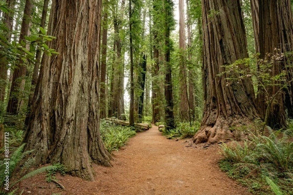 Fototapeta A hiking trail winds through a forest of Giant redwood trees in a forest in the Redwood National and State park near Crescent City California