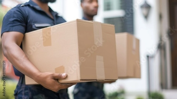 Fototapeta Close-up of two movers in uniform carrying cardboard boxes, with a blurred white house background