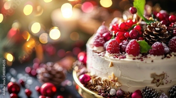 Fototapeta Festive cake with berries, pinecones, and bokeh lights