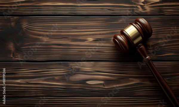 Fototapeta Top view of legal court gavel on wooden background with copy space, image for websites and banners