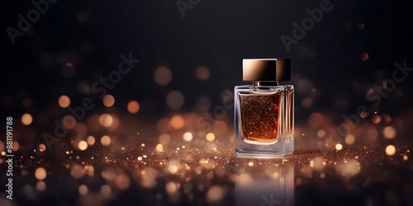 Fototapeta Expensive perfume bottle against soft bokeh light background, soft studio lighting, space for your logo