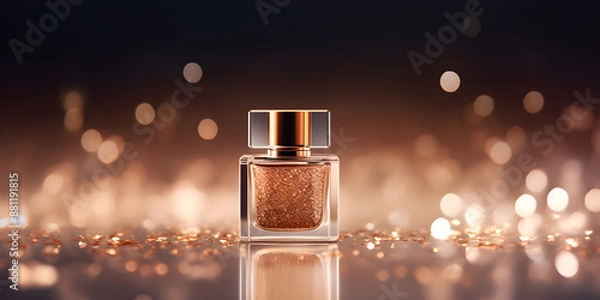 Fototapeta Expensive perfume bottle against soft bokeh light background, soft studio lighting, space for your logo
