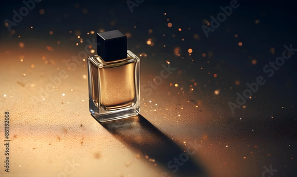 Fototapeta Expensive perfume bottle against soft bokeh light background, soft studio lighting, space for your logo