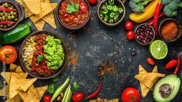 Fototapeta Mexican food presentation on rustic backdrop tortilla chips guacamole salsa chili beans fresh ingredients Overhead view
