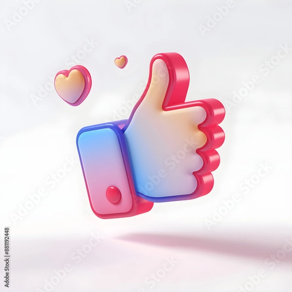 Fototapeta 3D sign like or thumbs up icon on a light background, icon for mobile application, emoticon, icon for social networks