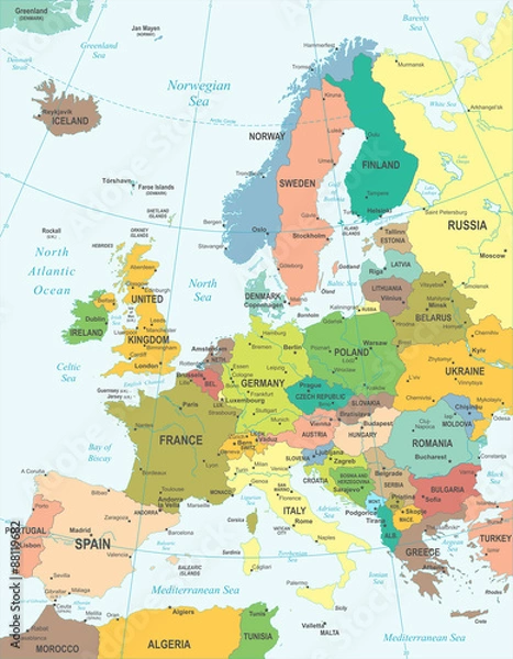Fototapeta Mapa Europy - bardzo szczegółowe ilustracji wektorowych.