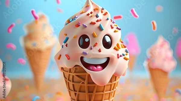Fototapeta Happy Cartoon Ice Cream Cone with Sprinkles