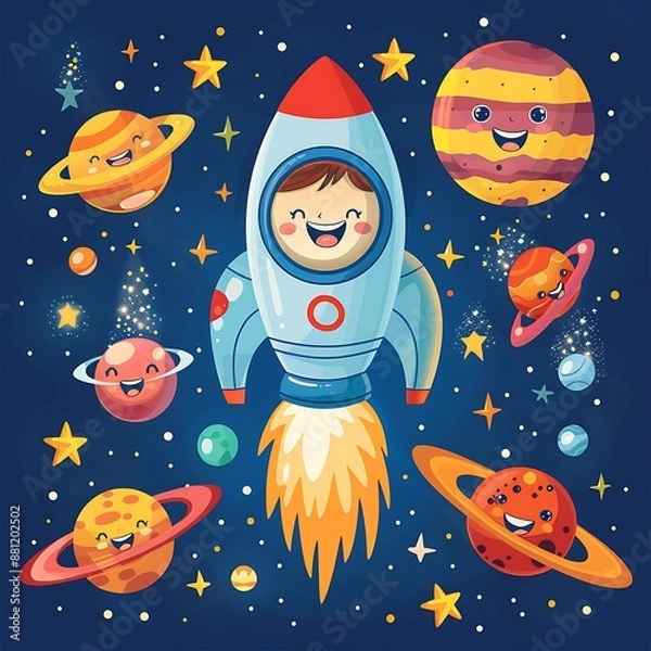 Fototapeta Cartoon Rocket in Space with Planets