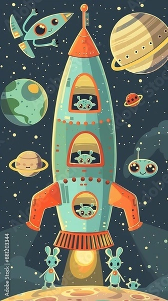 Fototapeta Cute Aliens in Spaceship Exploring Planets