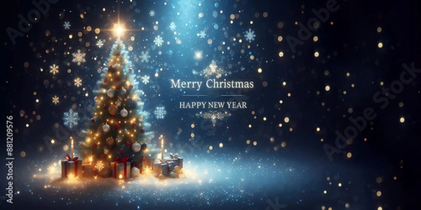 Fototapeta Mary's Christmas card. New Year's tree with gifts. Lights and snowflakes. Generated AI