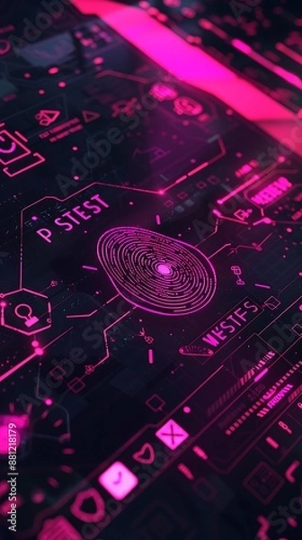 Fototapeta High-tech screen showing fingerprint and safe icons for cyber security, intense pink details,