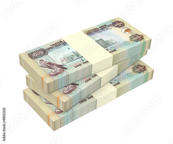 Fototapeta United Arab Emirates dirhams bills isolated on white background. Computer generated 3D photo rendering.