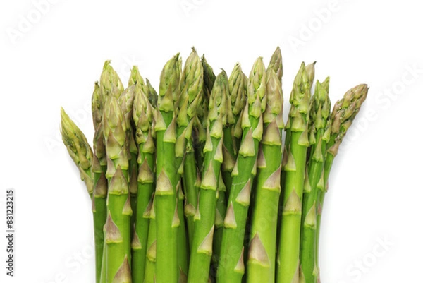 Fototapeta Fresh green asparagus stems isolated on white, top view