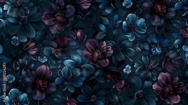 Fototapeta seamless pattern of dark blue, teal and burgundy colored flowers on a black background, in the style of watercolor, 3d render, high resolution photography, high detail, seamless texture, pattern, fabr