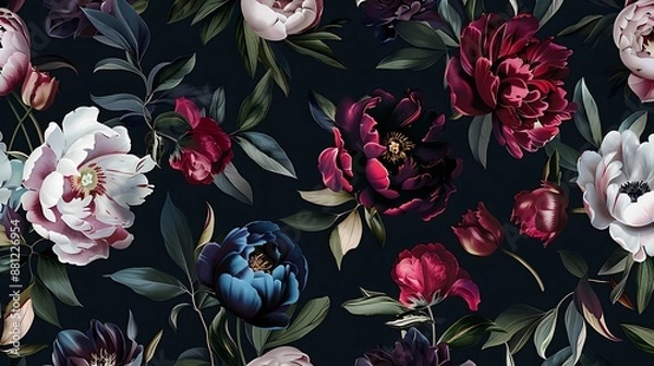 Obraz Seamless pattern with dark blue, teal and burgundy peonies, pink tulips and green leaves on a black background