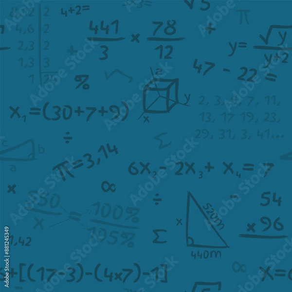 Fototapeta Mathematics Pattern - Mathematics Accounts and Symbols on Blue Background. Plus, Minus, Times, Divide, Square Root, Equals, Percent, Pi and others. Seamless Link.