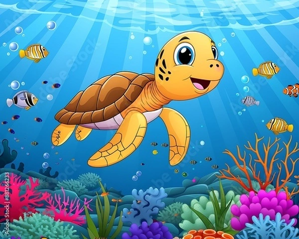 Fototapeta Smiling Cartoon Sea Turtle with Colorful Fish