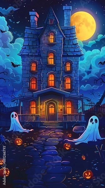 Fototapeta Spooky Haunted Mansion with Ghosts and Pumpkins