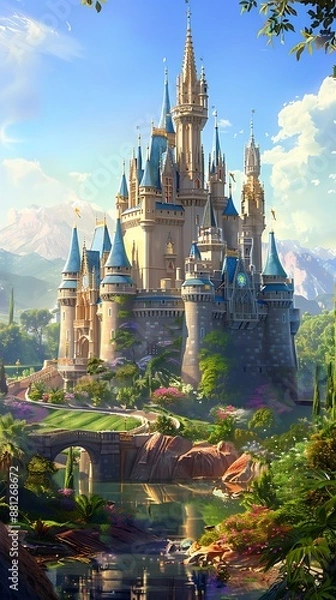 Fototapeta Majestic Castle with Towering Spires and Reflections