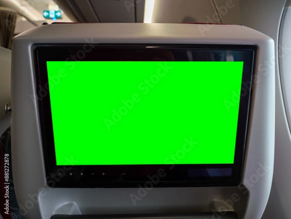 Obraz In-Flight Entertainment with Green Screen, Seat back Screen with Green Screen in Airplane. Travel, Tourism and Flight Advertising Concept