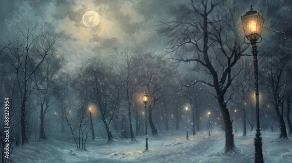 Fototapeta A painting of a city park at night, covered in a thick blanket of snow with barren trees silhouetted against a cloudy, moonlit sky