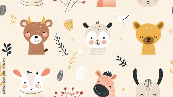 Fototapeta Adorable hand-drawn animal faces and nature elements on a seamless pattern background, perfect for children's products and decor.