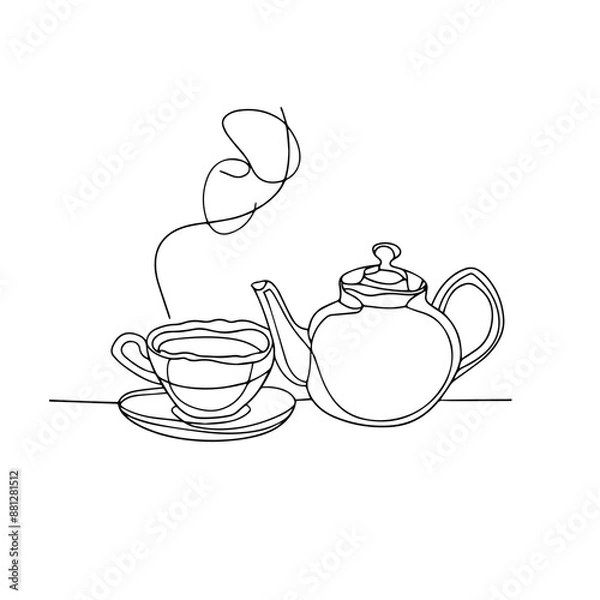 Fototapeta Teapot with cup, one line style